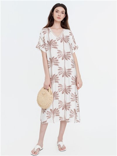 Robe midi imprimée palmiers à col en V