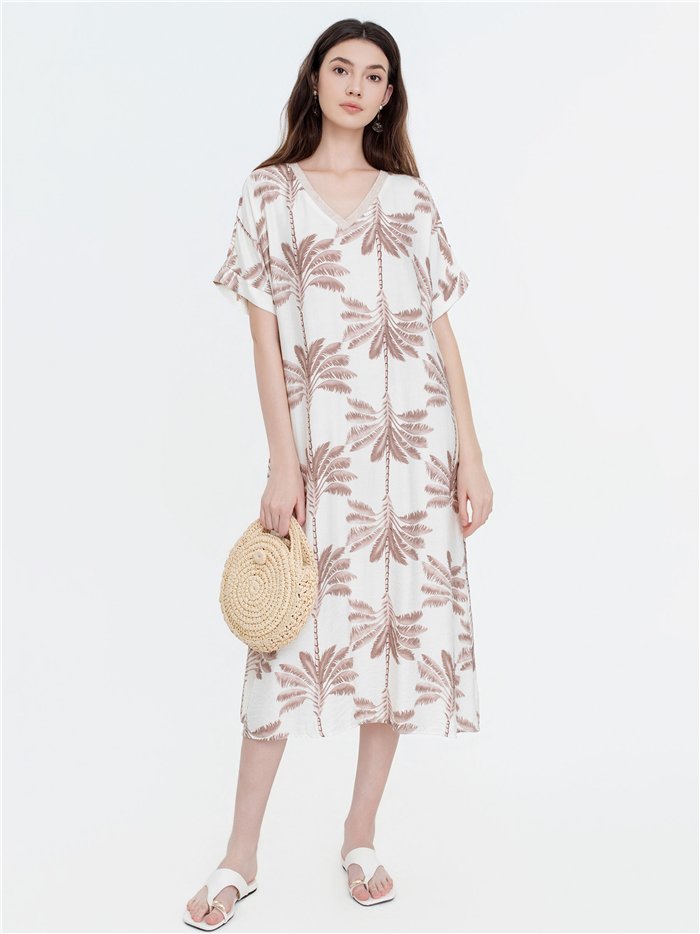 Midikleid mit Palmenmuster und V-Ausschnitt