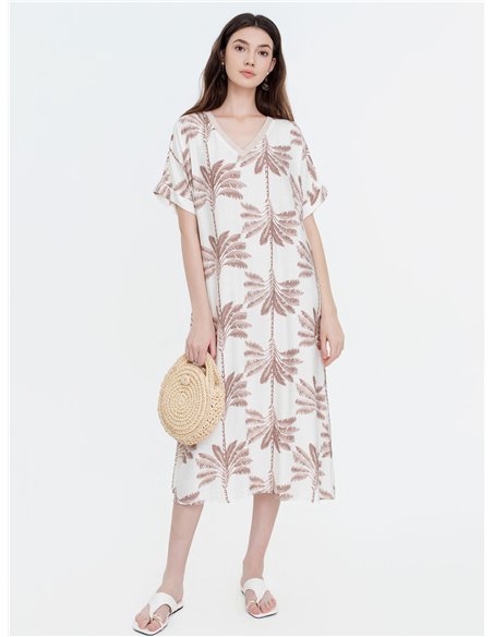 Midikleid mit Palmenmuster und V-Ausschnitt