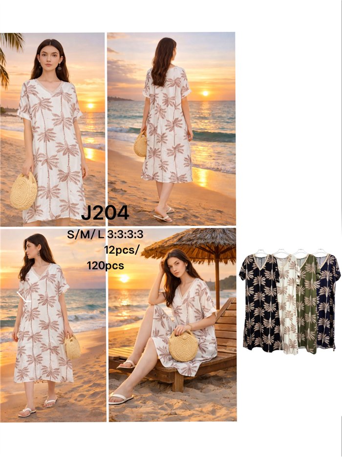 Midikleid mit Palmenmuster und V-Ausschnitt