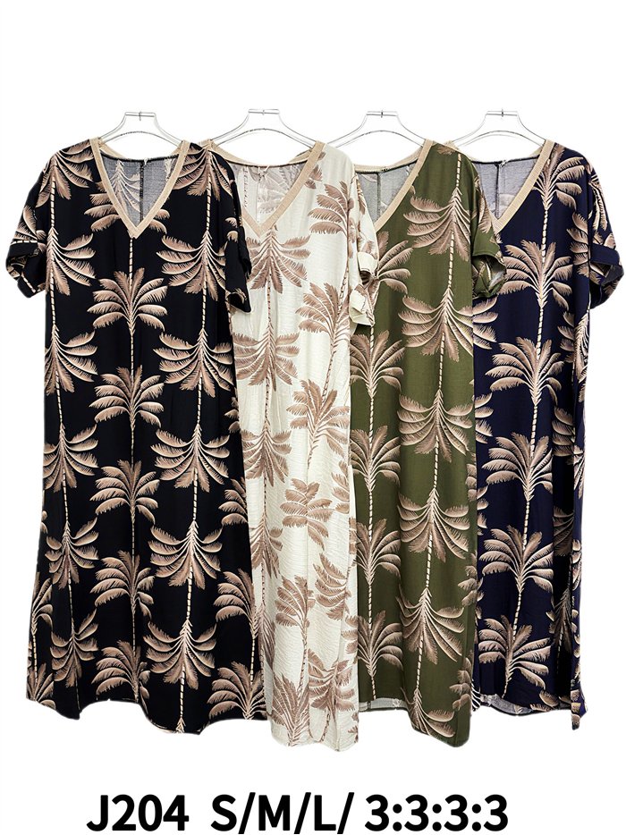 Midikleid mit Palmenmuster und V-Ausschnitt