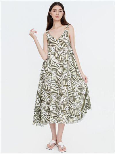 Vestido midi com estampa de folhas e alças.