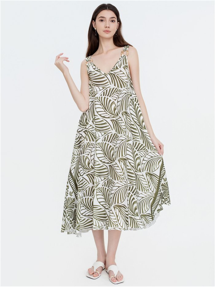 Abito midi con spalline e stampa a foglie