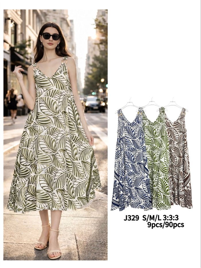 Abito midi con spalline e stampa a foglie