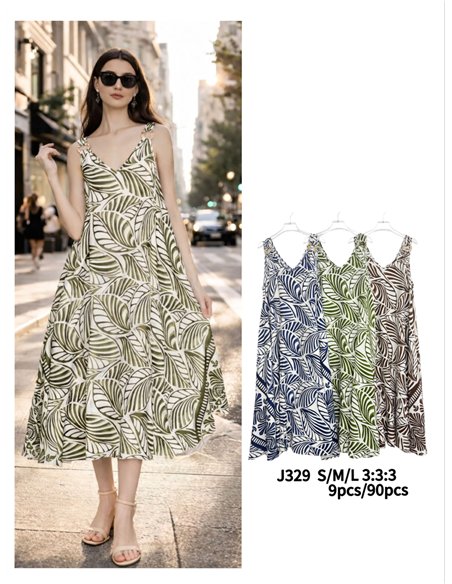 Abito midi con spalline e stampa a foglie