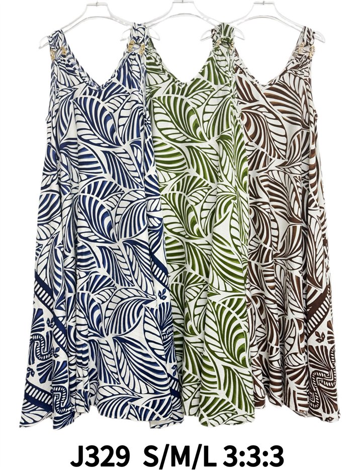 Abito midi con spalline e stampa a foglie