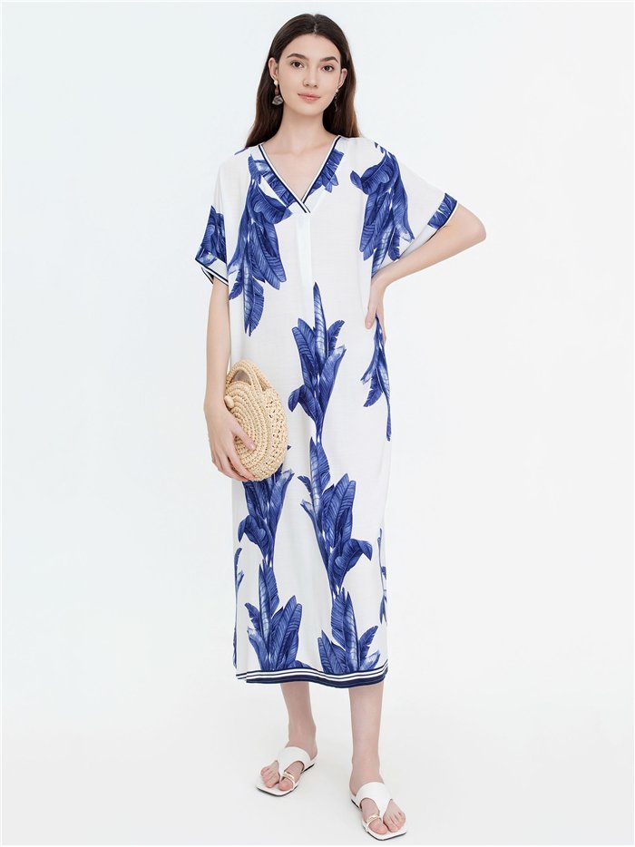Vestido midi estampado hojas con escote pico