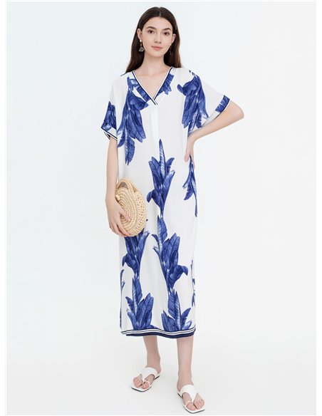 Vestido midi estampado hojas con escote pico