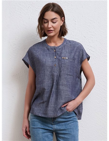 Linen effect button-detail pocket blouse