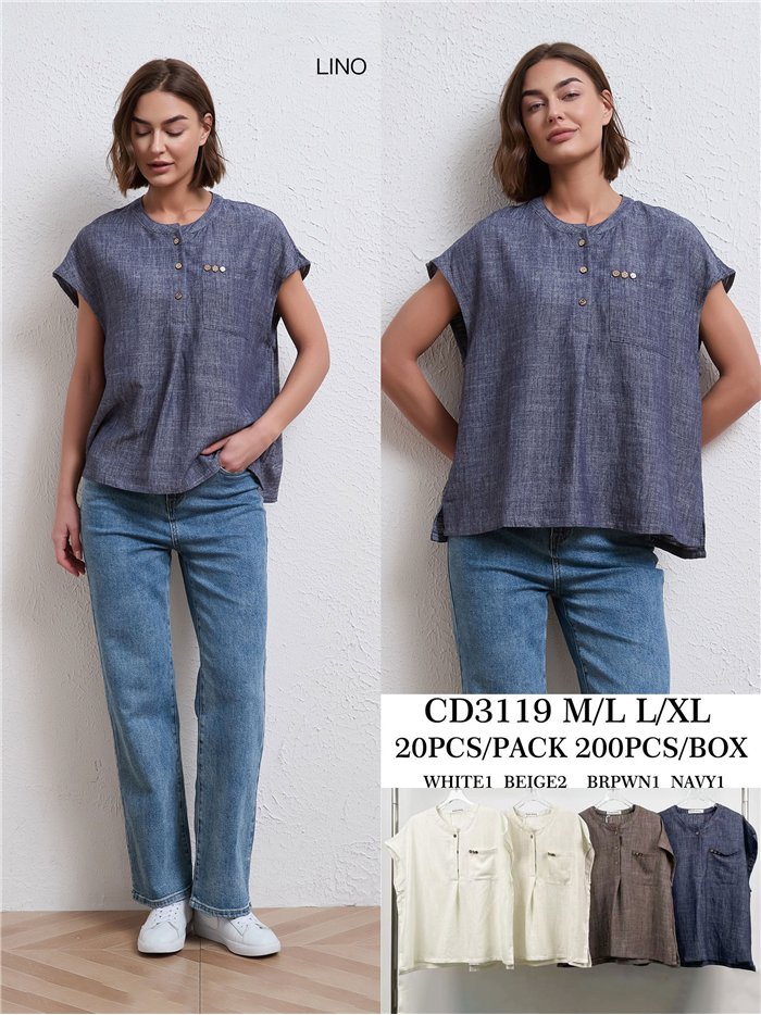 Linen effect button-detail pocket blouse