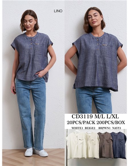 Linen effect button-detail pocket blouse