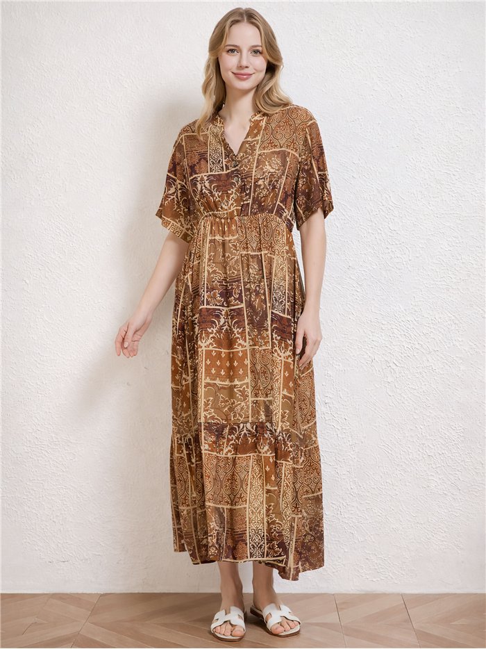 Vestido midi boho patchwork con cintura elástica
