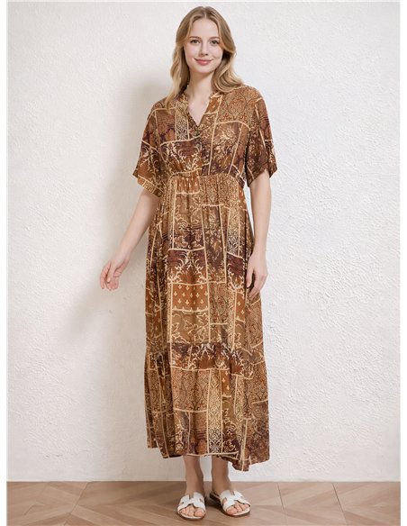 Vestido midi boho patchwork con cintura elástica