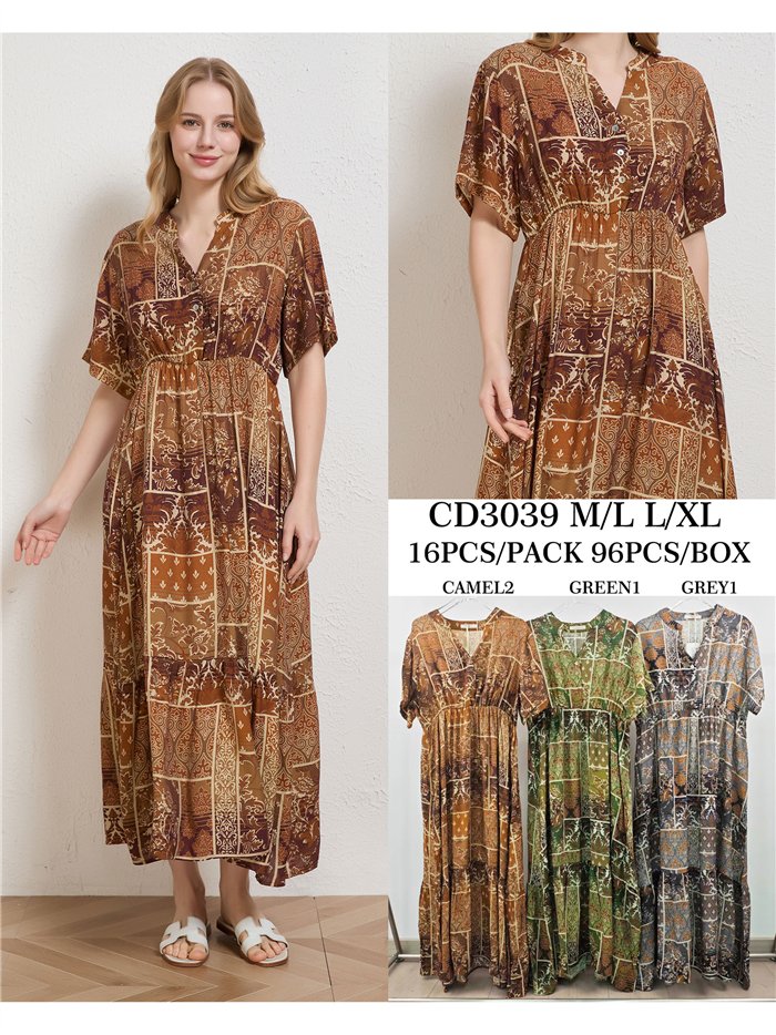 Vestido midi boho patchwork con cintura elástica