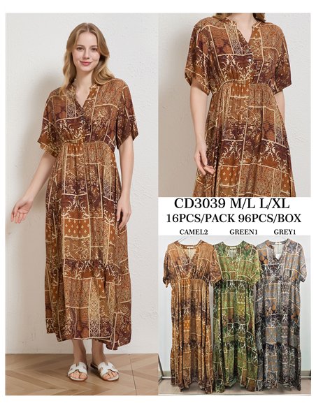 Vestido midi boho patchwork con cintura elástica