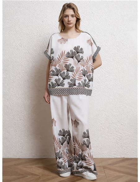 Ensemble chemisier ample à imprimé feuilles et pantalon