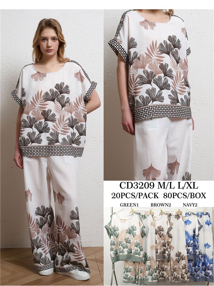 Ensemble chemisier ample à imprimé feuilles et pantalon