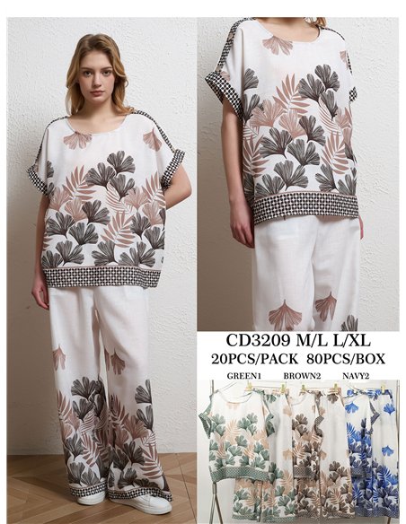 Ensemble chemisier ample à imprimé feuilles et pantalon