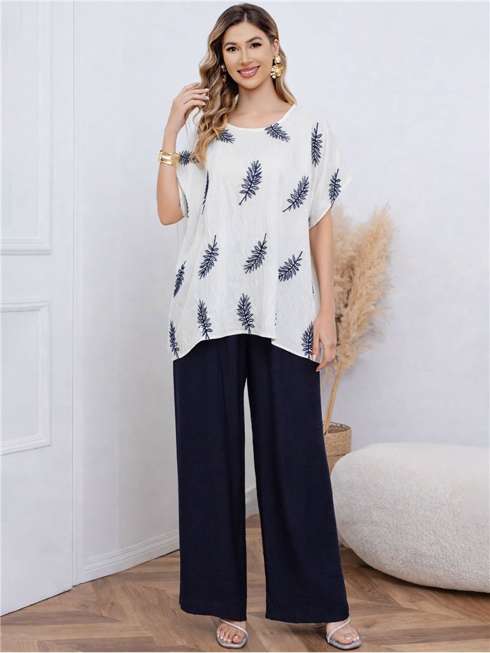 Bluse mit Blättermuster und Palazzo-Hose (Set)