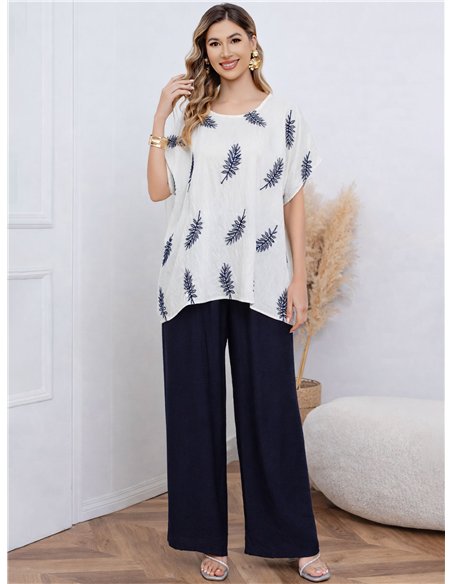 Bluse mit Blättermuster und Palazzo-Hose (Set)