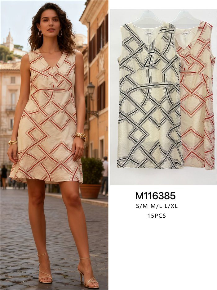 Vestido corto sin mangas estampado geométrico