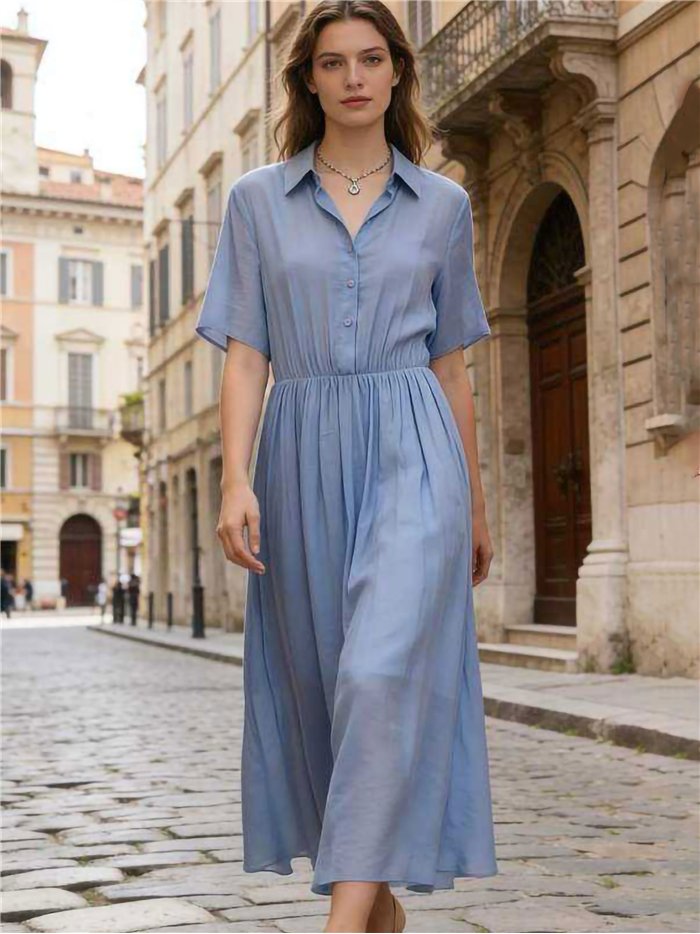 Vestido camisero midi con cintura fruncida