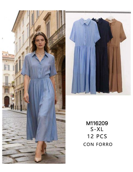 Vestido camisero midi con cintura fruncida