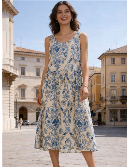 Vestido midi estampado ornamental sin mangas