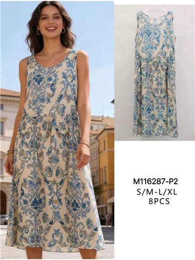 Vestido midi estampado ornamental sin mangas 2