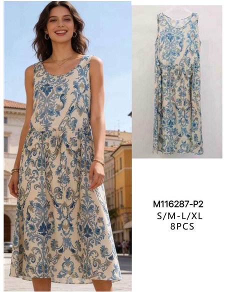 Vestido midi estampado ornamental sin mangas