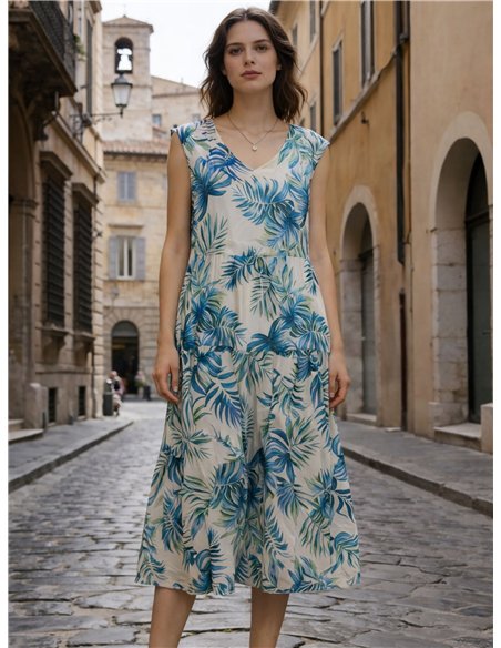 Vestido midi estampado hojas sin mangas con volante