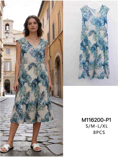 Vestido midi estampado hojas sin mangas con volante 2