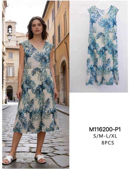 Vestido midi estampado hojas sin mangas con volante