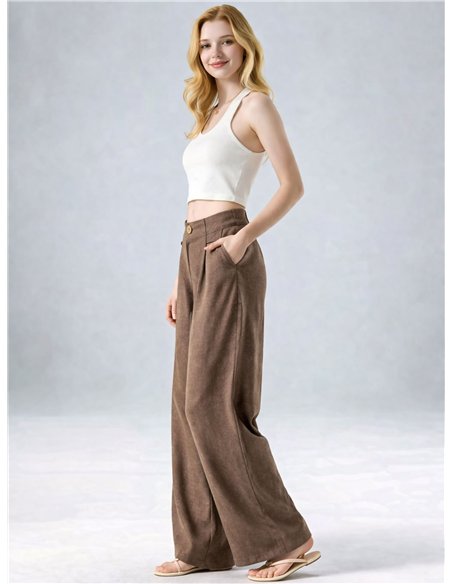 Pantalón palazzo efecto lino de cintura alta