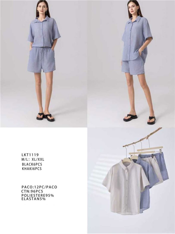 Conjunto de camisa e shorts listrados com efeito linho