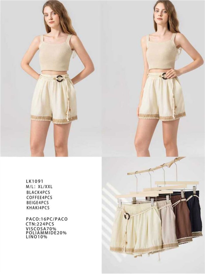 Short de lino con cinturón y detalle de encaje