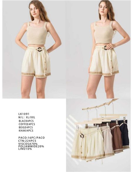 Short de lino con cinturón y detalle de encaje