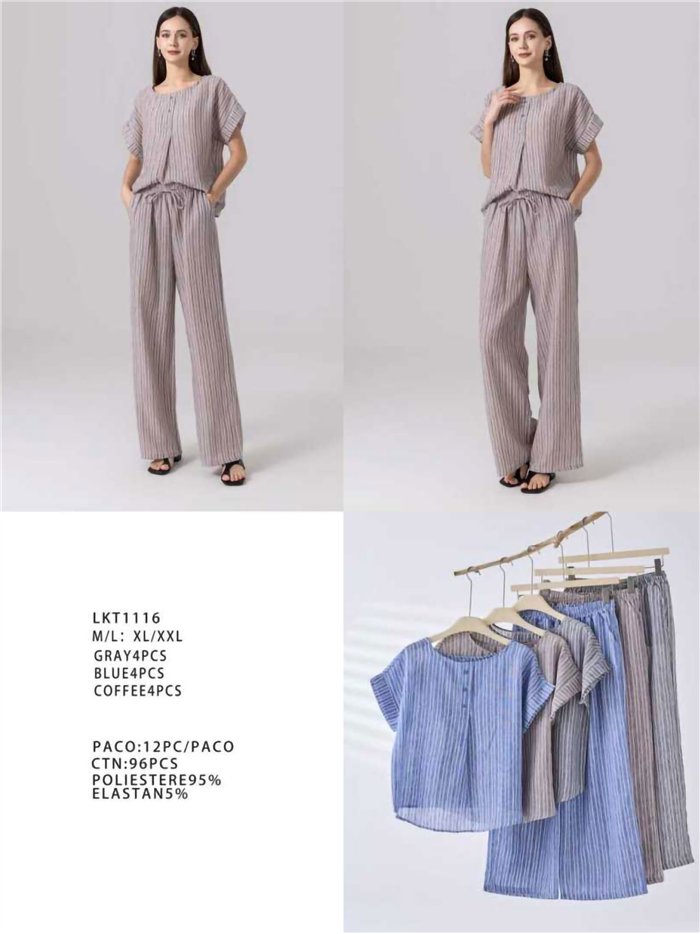 Conjunto blusa rayas efecto lino y pantalón