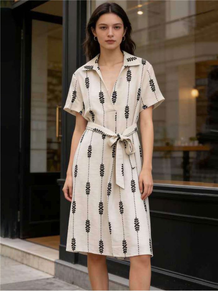 Vestido camisero midi geométrico con cinturón