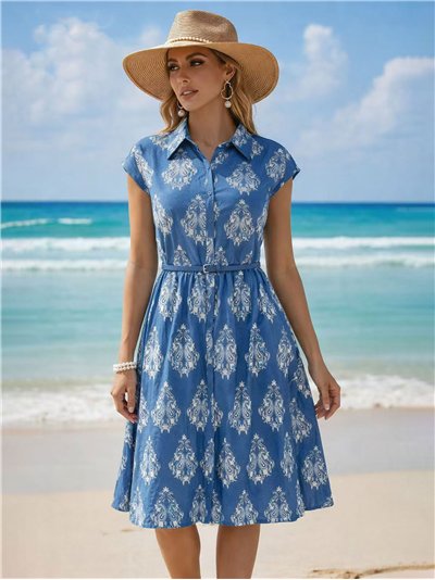 Vestido midi denim estampado cachemir azul con cinturón