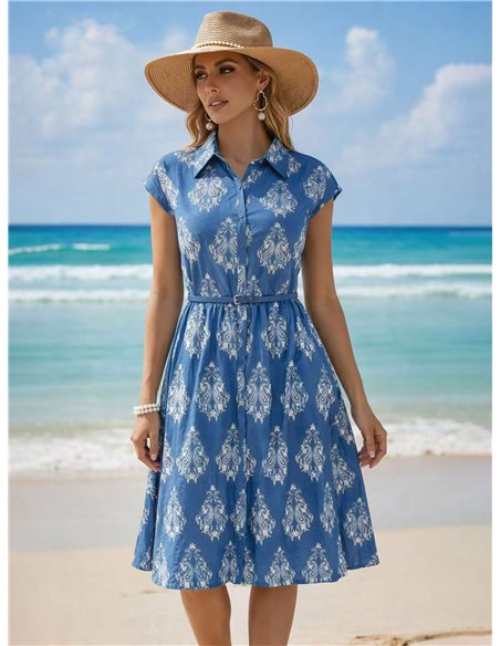 Vestido midi denim estampado cachemir azul con cinturón