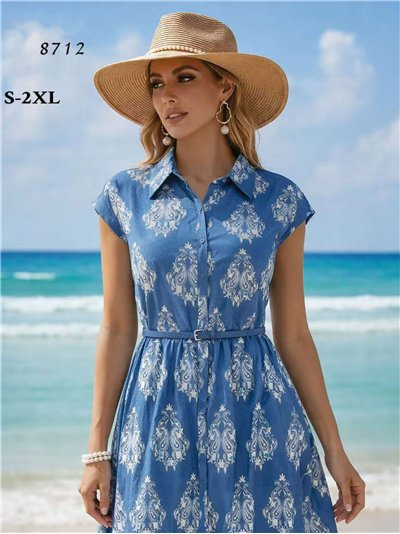 Vestido midi denim estampado cachemir azul con cinturón 2