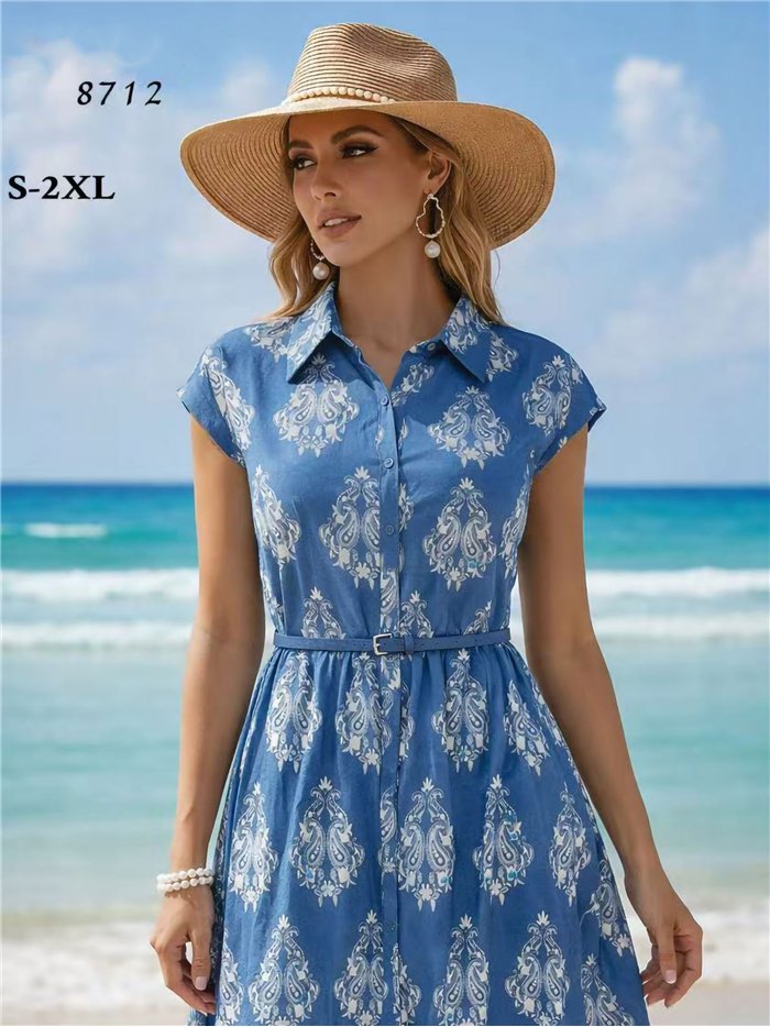 Vestido midi denim estampado cachemir azul con cinturón