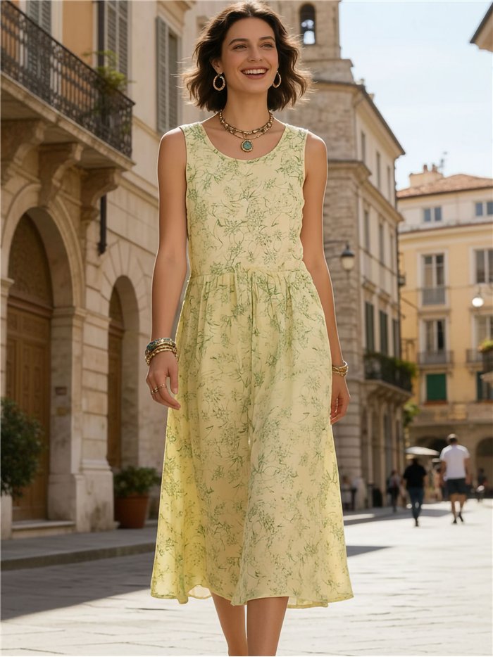 Vestido midi floral sin mangas con cordón