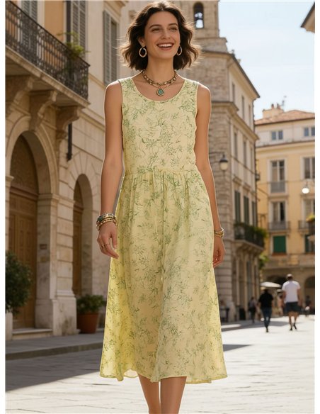 Vestido midi floral sin mangas con cordón