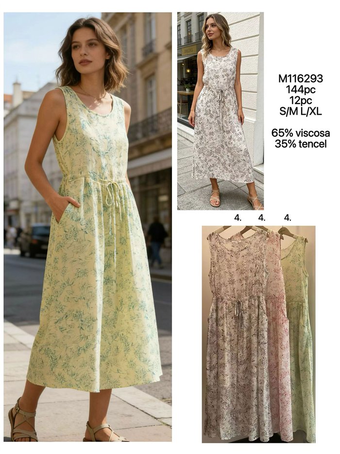 Vestido midi floral sin mangas con cordón