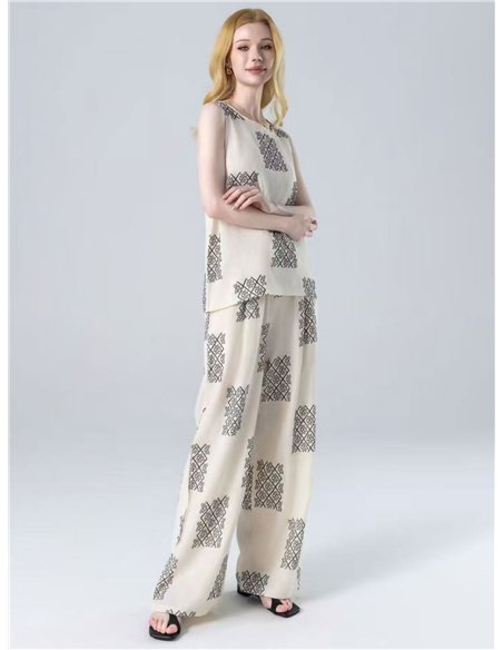 Conjunto top geométrico y pantalón palazzo 