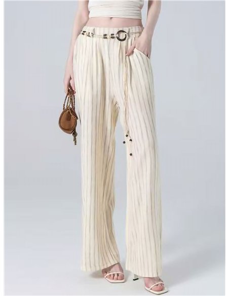 Pantalon palazzo rayé avec cordon de serrage