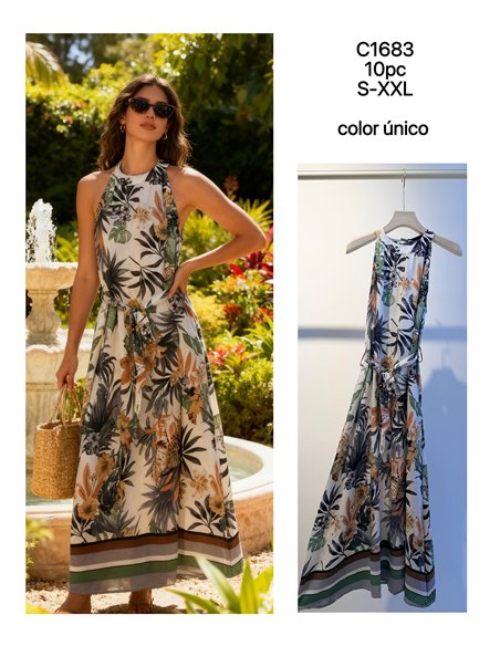 Vestido halter estampado tropical