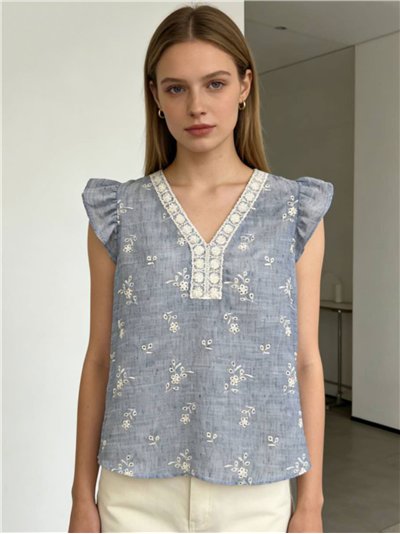 Bestickte Bluse mit Spitzenbesatz und Rüschen